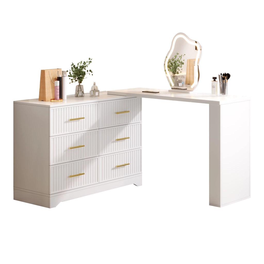 Toeletta girevole con specchio LED, design a L, bianco e oro, 110¡Á40¡Á129 cm