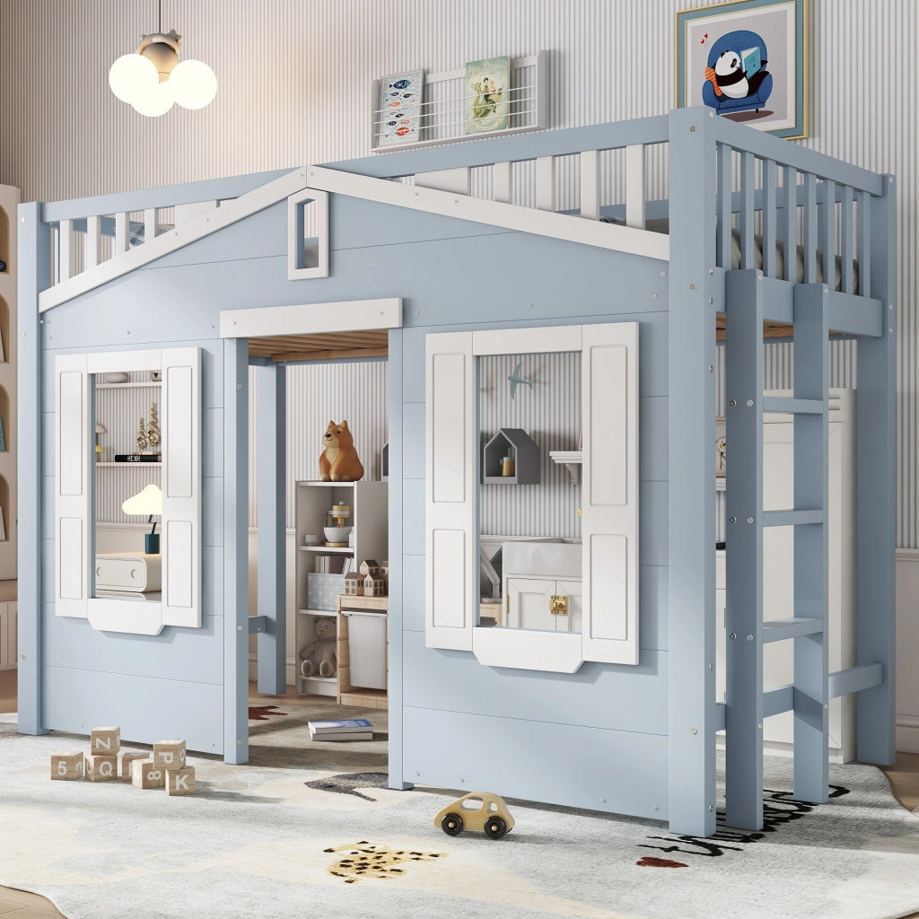 Letto a castello bambini blu in pino e MDF con funzione contenitore 90x200 cm