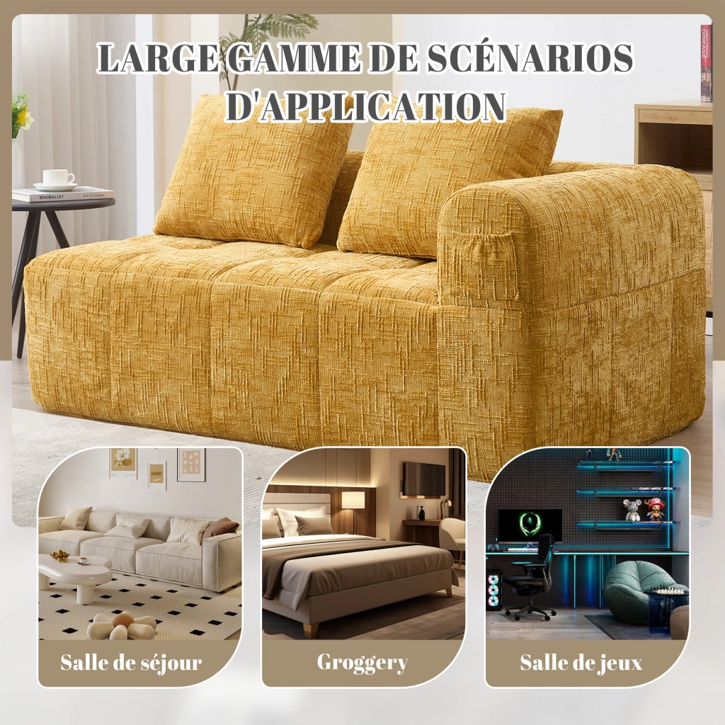 Méridienne 2 Posti con Cuscino e Tasche Laterali, Design Ergonomico in Ciniglia Gialla 158 × 90 × 60 cm