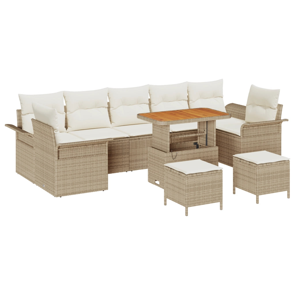 Set di Divano da Giardino 10 Pezzi con Cuscini Beige Polyrattan Acacia