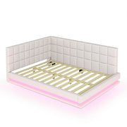 Letto imbottito matrimoniale 160×200 cm con LED regolabile e USB; senza materasso; tessuto effetto lino; beige