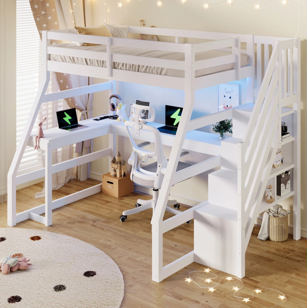 Letto a soppalco 90x200 cm con scrivania a L; scala con 3 vani e LED; bianco