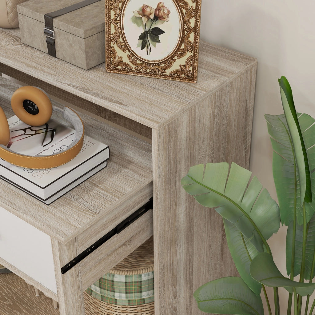 Tavolo console con piano scorrevole e 2 cassetti ¨C Zephmum ¨C 95x35x87 cm, effetto quercia