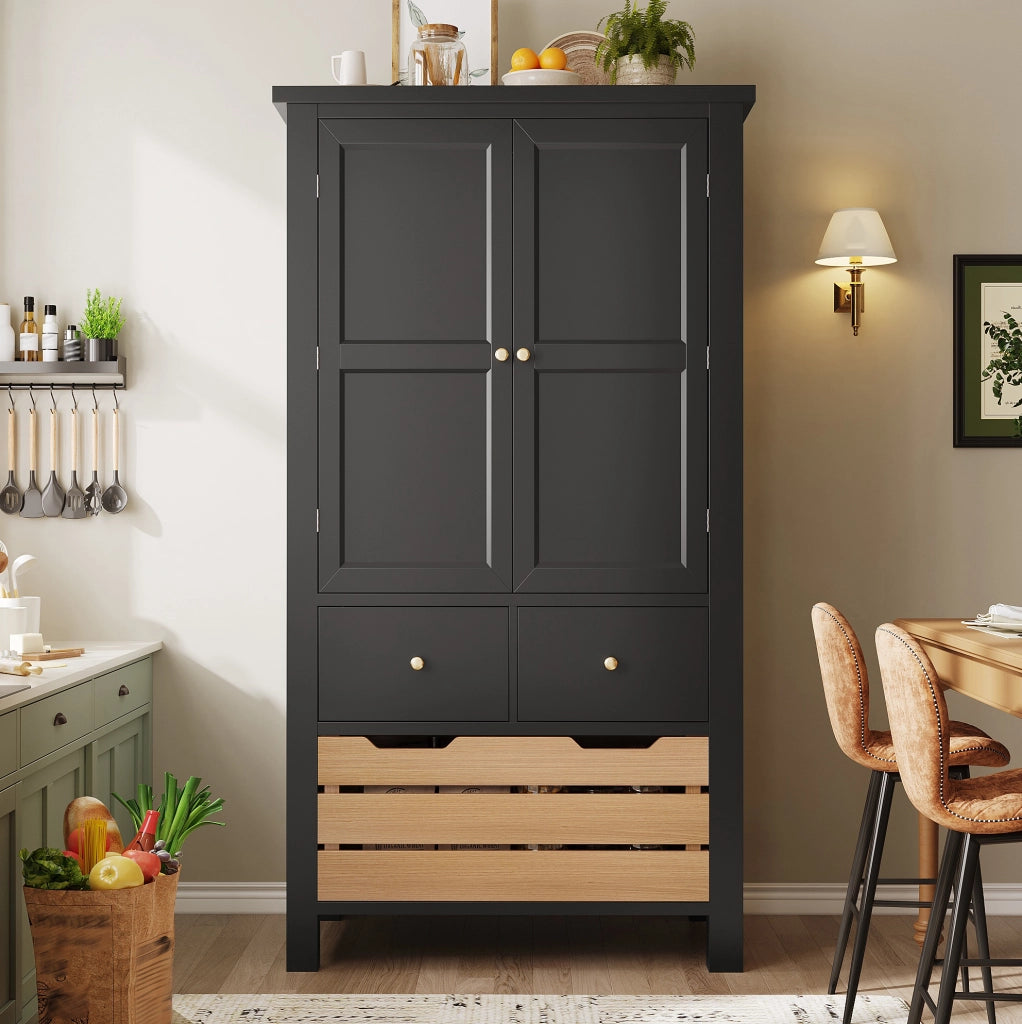Credenza da cucina 80x40x140 cm con ampio spazio contenitivo in MDF e metallo nera