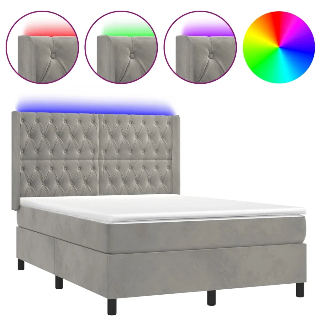 Letto a Molle Materasso e LED Grigio Chiaro 140x200 cm Velluto 3139745