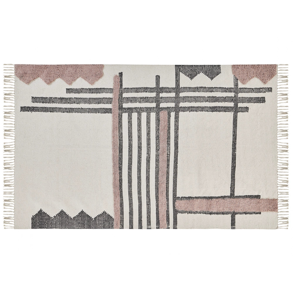 Tappeto in cotone beige e Nero tessuto a mano con frange 140 x 200 cm