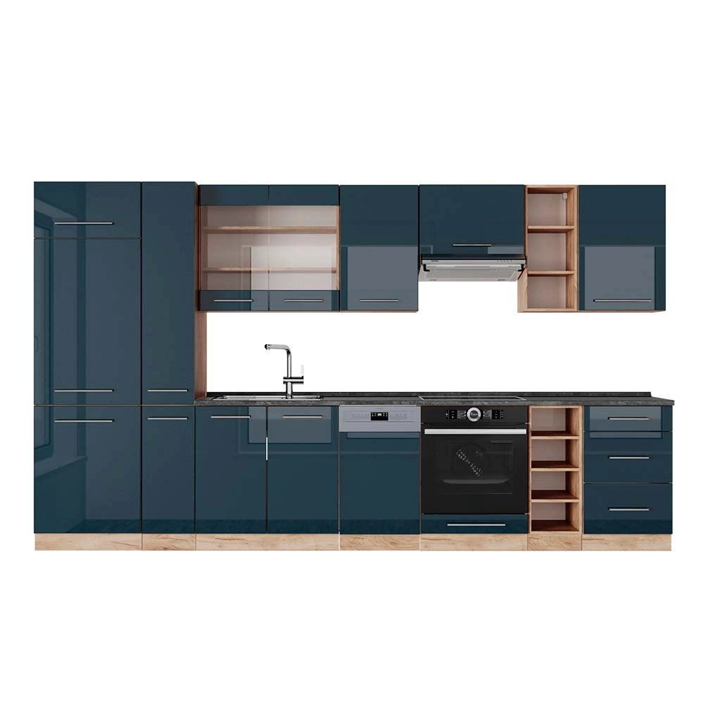 Cucina componibile Fame-Line Blu scuro lucido/Rovere dorato 355 cm, PL Antracite Vicco