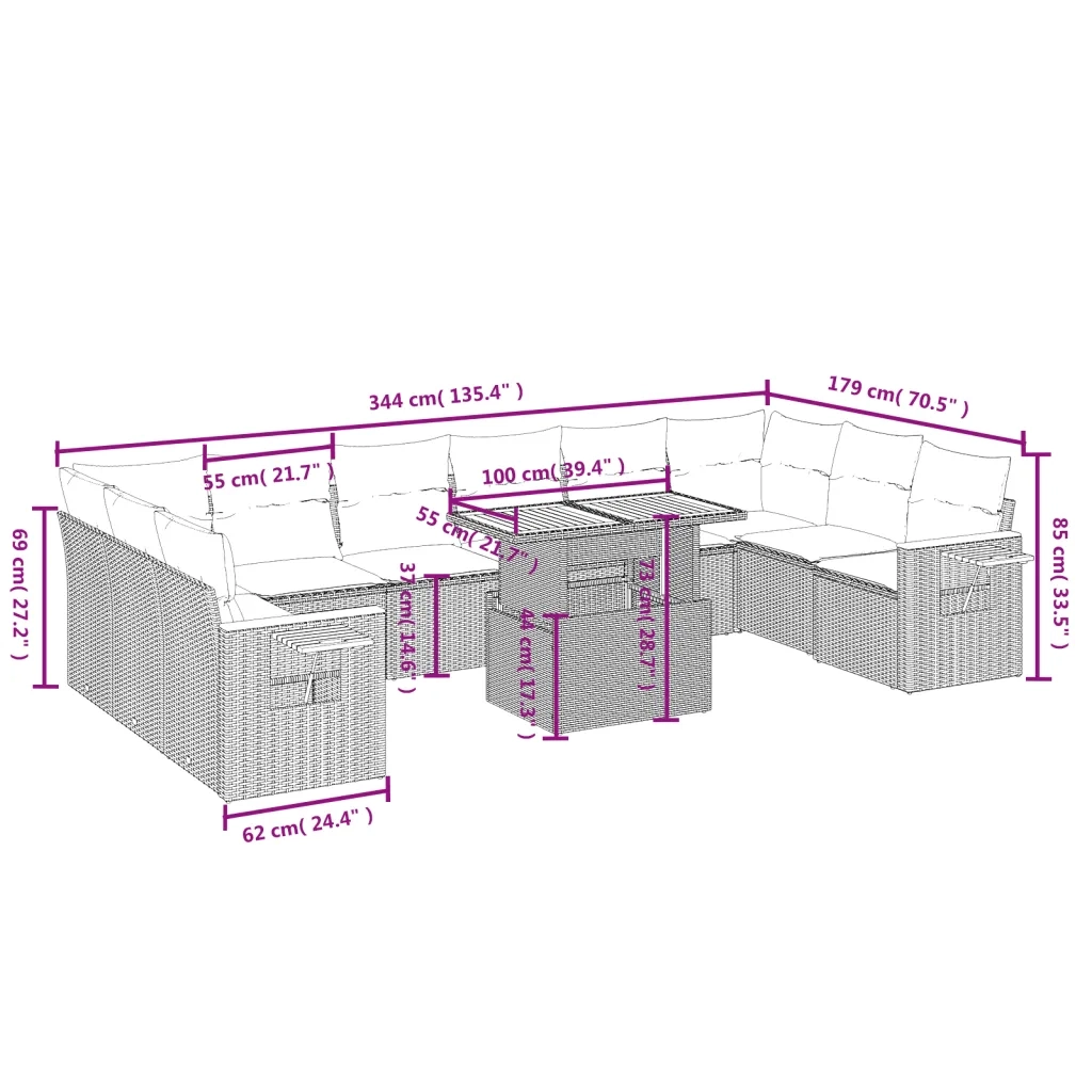 Set Divani da Giardino 11 pz con Cuscini in Polyrattan Grigio 3273692