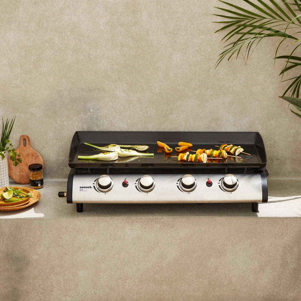 Piastra plancha a gas in acciaio inox con 4 bruciatori 10kw, nero