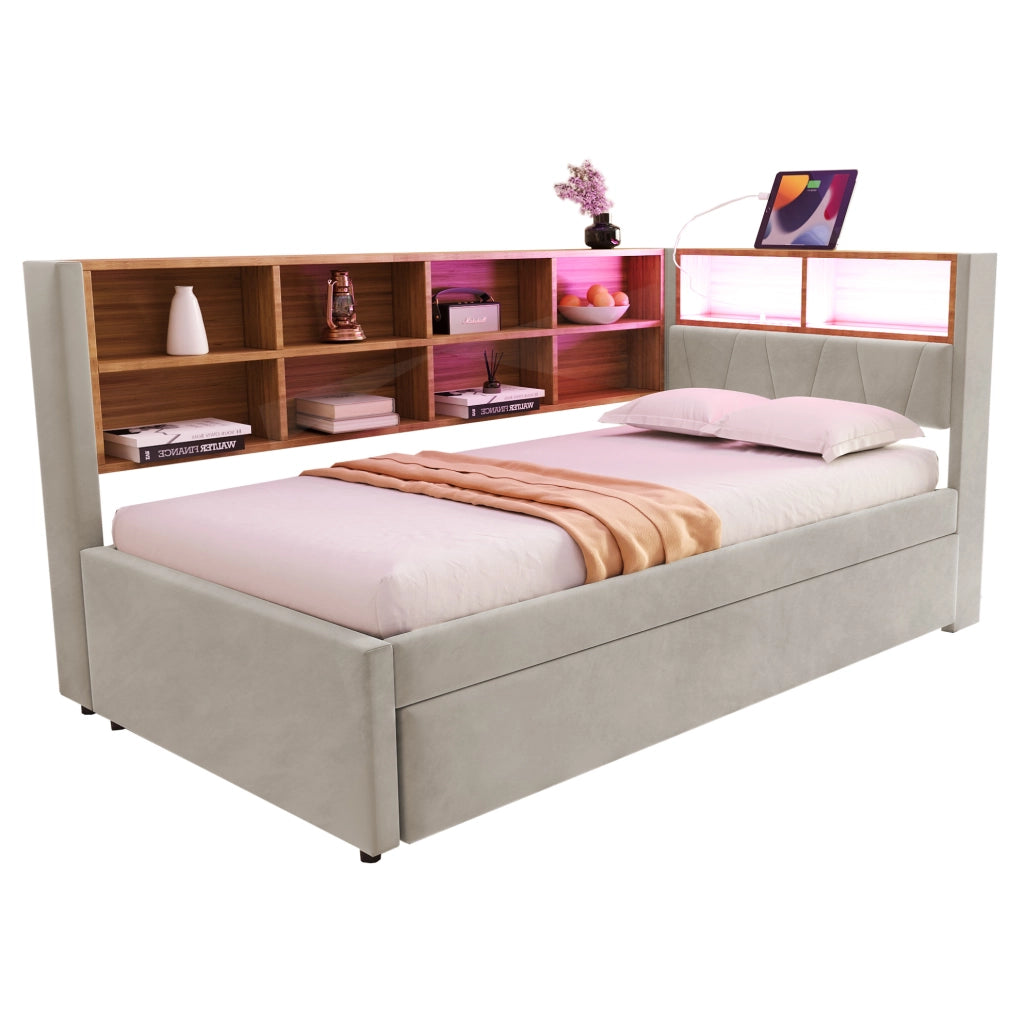 Divano letto multifunzionale 90x200 cm con letto estraibile 90x190 cm; LED e prese; grigio chiaro