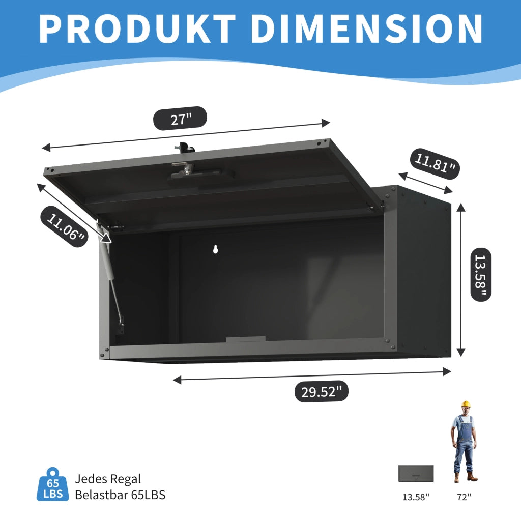 Armadio da parete in metallo con serratura, mobile contenitore per garage e officina, nero, H34,5 × L75 × P30 cm