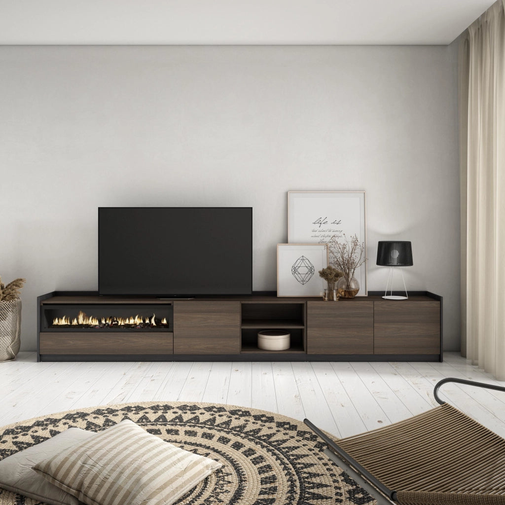 Mobile TV Soggiorno, 310x50x37 cm, Per TV fino a 80", Camino elettrico, Rovere scuro e Nero