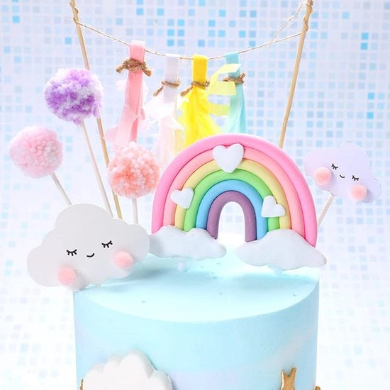 Decorazione per torte in set con arcobaleno, nuvole e palline di pelliccia realizzate con materiali riciclabili e decorazione per torte sicura