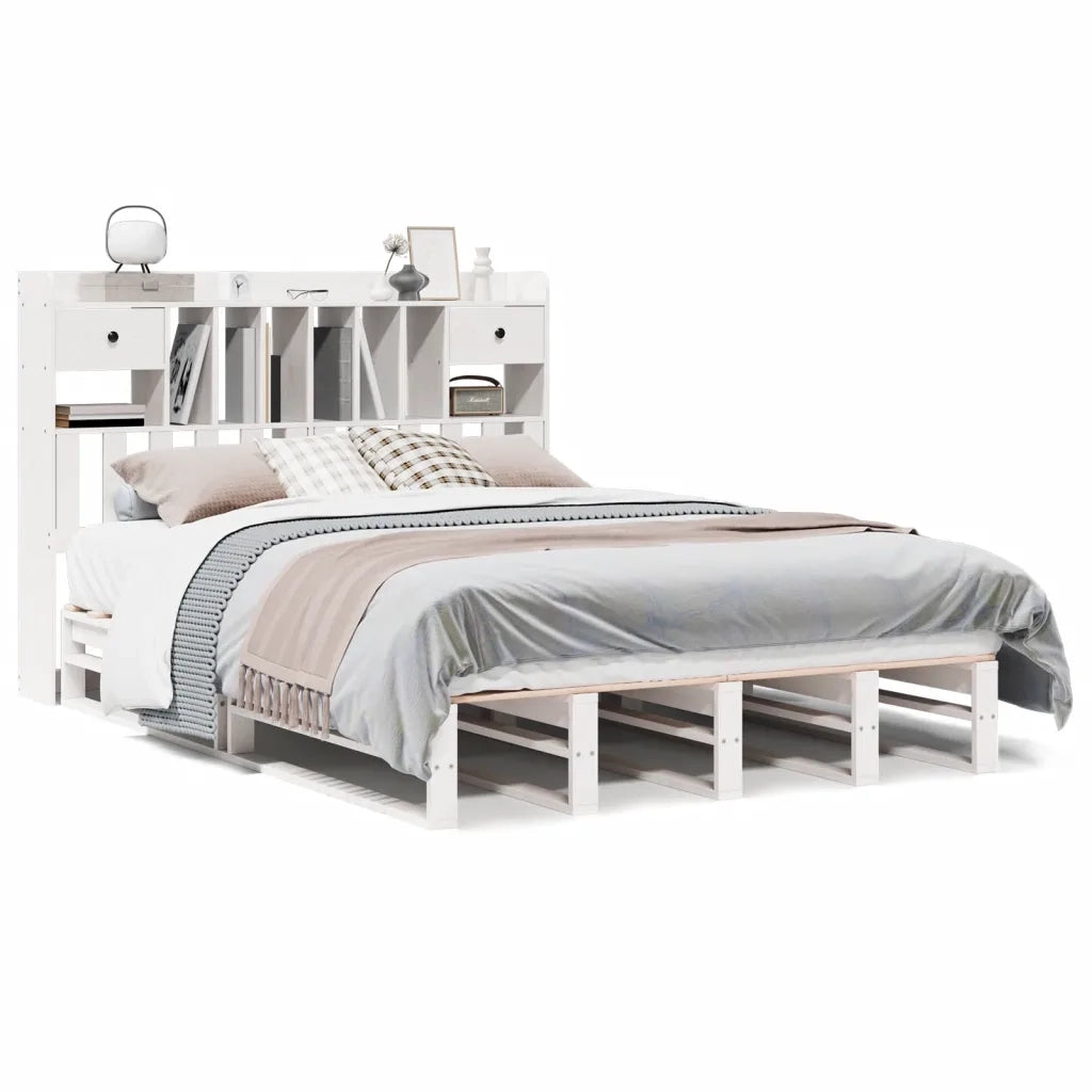Letto Libreria senza Materasso-Struttura Letto con contenitore Bianco 150x200 cm Legno di Pino 986123