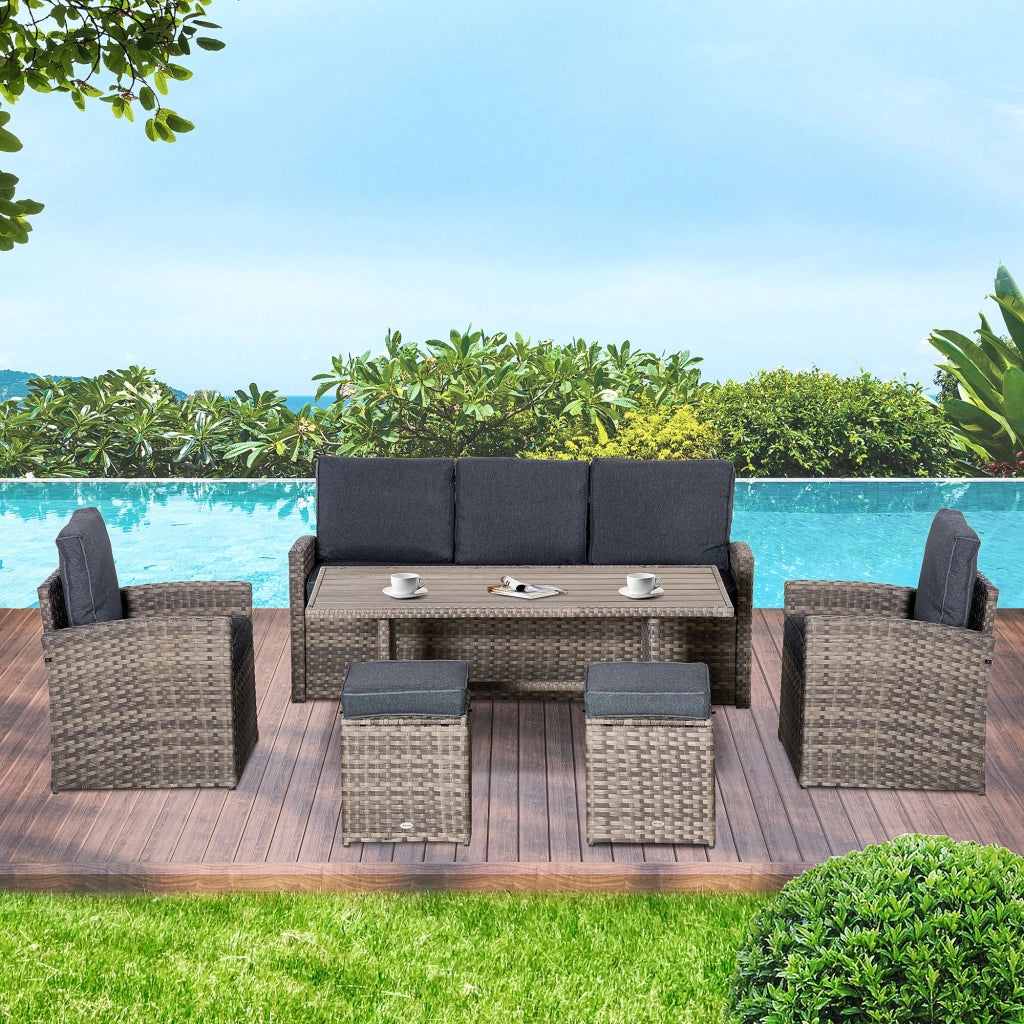 Set Salotto da Giardino in Rattan PE con Divano 3 Posti, 2 Poltrone, 2 Sgabelli e Tavolo, Grigio