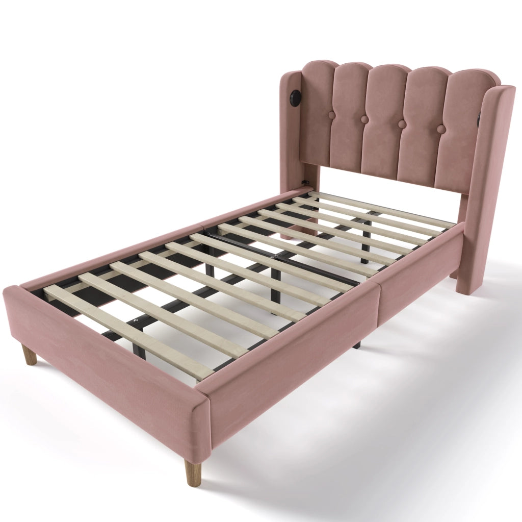 Letto singolo imbottito 90x200 cm in velluto rosa con porta USB e Type-C