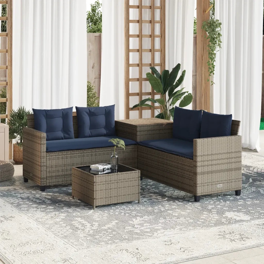 Divano da giardino con Tavolino e cuscini a forma di L in Polyrattan Grigio 369034