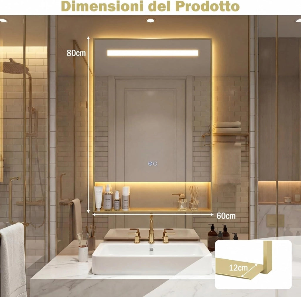 Specchio da Bagno LED 80 x 60 cm con Mensola, Specchio da Trucco con Cornice in Alluminio, Funzione Antiappannamento, 3 Colori di Luce e Luminosità Regolabile