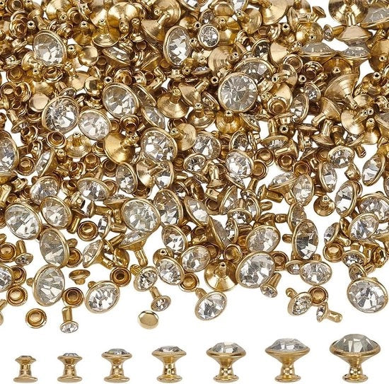 Set di Rivetti con Cristallo di Roccia in Oro 7 Dimensioni 5-6-7-8-9-10-11mm Rivetti con Doppio Cappuccio per Artigianato in Pelle Abbigliamento Decorazione