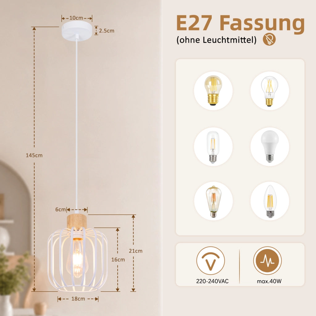 ZMH Lampada a Sospensione 1 Luce Bianco Legno E27 Moderna per Soggiorno Cucina Isola Corridoio Senza Lampadina