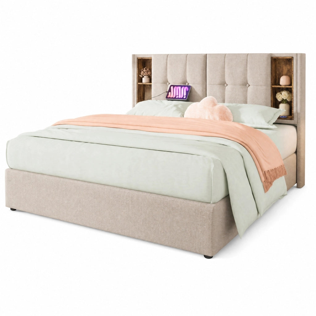 Letto imbottito 160x200 cm in lino naturale con ricarica wireless; USB e contenitore
