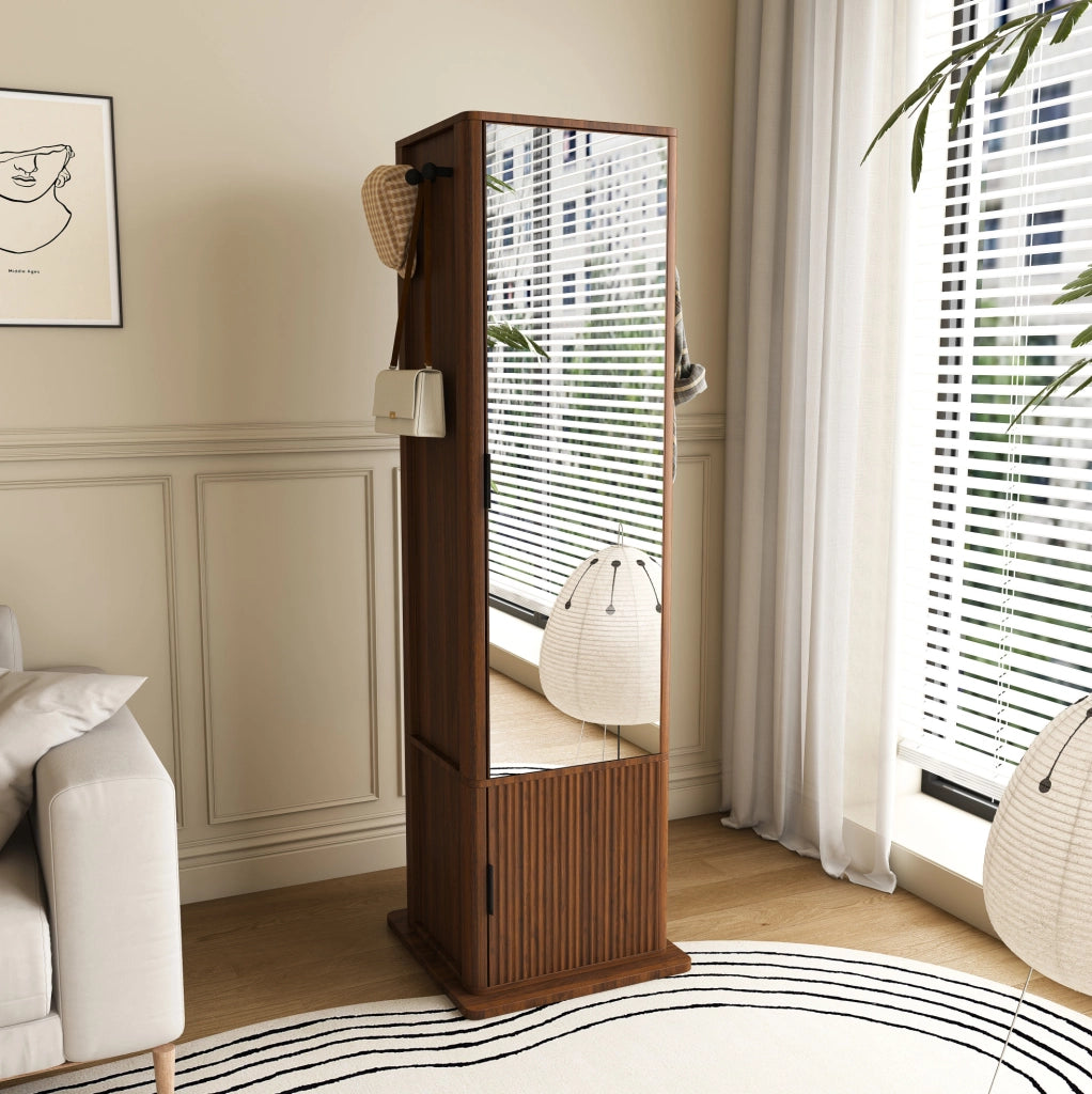 Armadio specchio girevole 4 in 1 con contenitore; 50x50x170 cm; MDF effetto noce