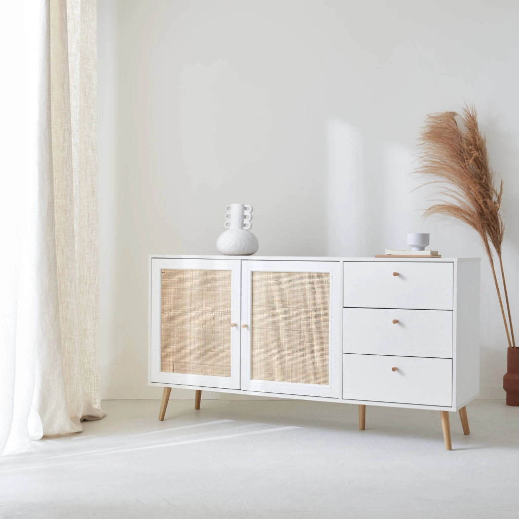 Credenza scandinava a 2 ante in canna, 150cm, bianco sporco