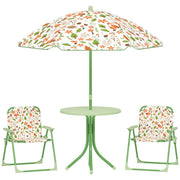 SET DA GIARDINO PER BAMBINI 2-5 ANNI CON TAVOLINO ROTONDO, 2 SEDIE PIEGHEVOLI E UN OMBRELLONE, VERDE