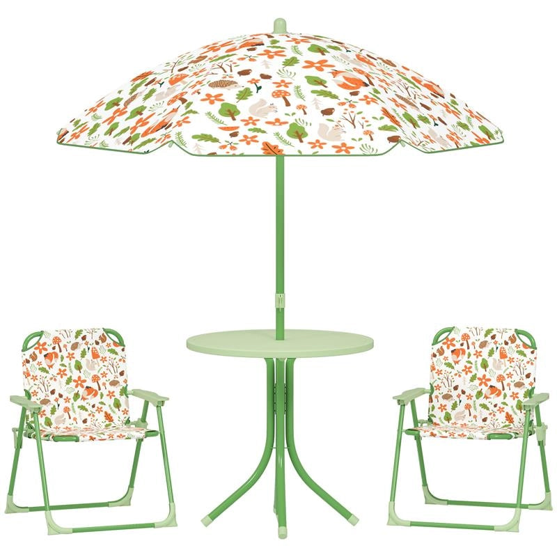 SET DA GIARDINO PER BAMBINI 2-5 ANNI CON TAVOLINO ROTONDO, 2 SEDIE PIEGHEVOLI E UN OMBRELLONE, VERDE