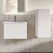 Armadietto da bagno con lavabo e mobile laterale, design moderno con scanalature, in MDF e solid surface, bianco