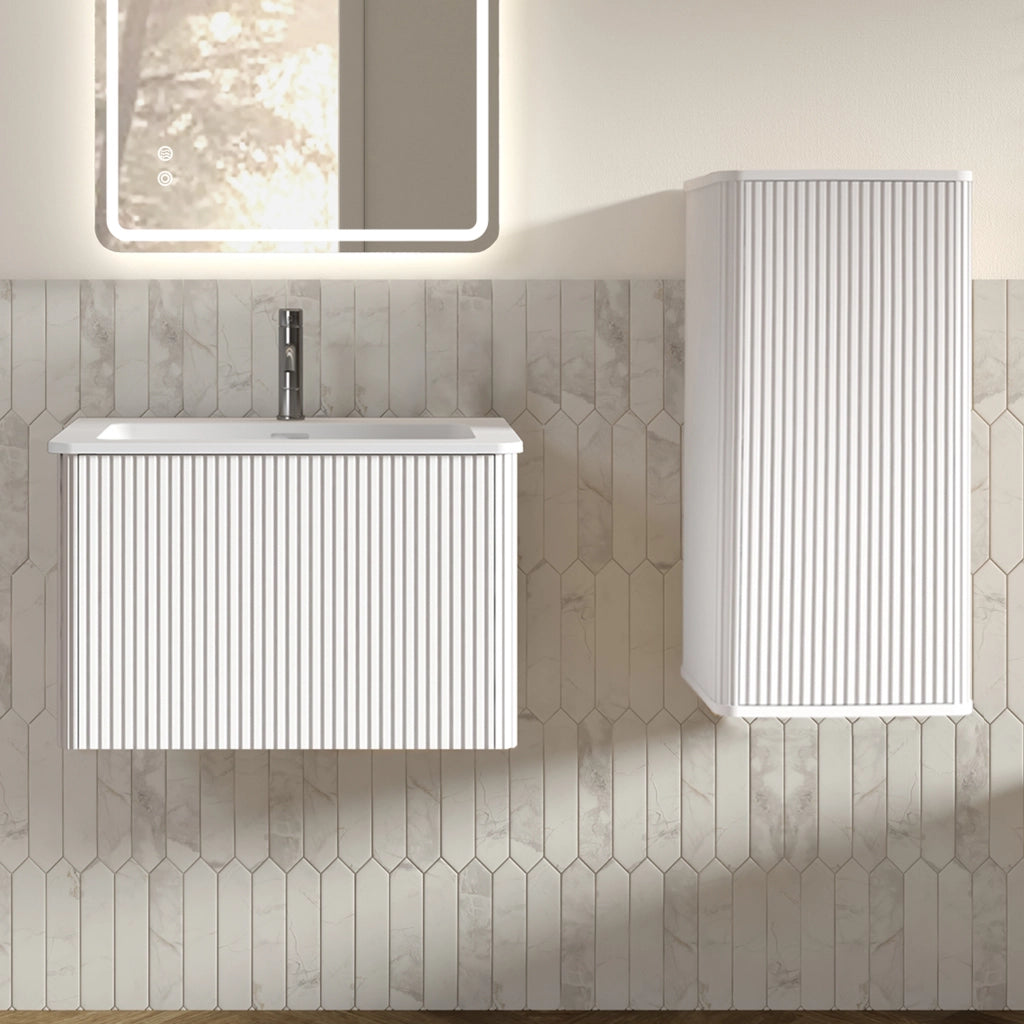 Armadietto da bagno con lavabo e mobile laterale, design moderno con scanalature, in MDF e solid surface, bianco