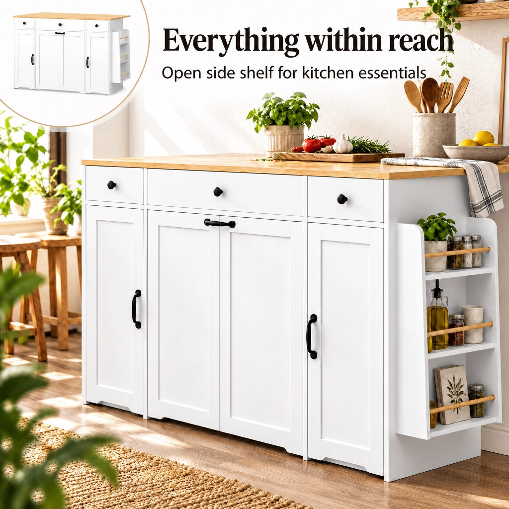 Sideboard bianco con 3 cassetti, 2 ante e piano superiore color legno per cucina e sala da pranzo