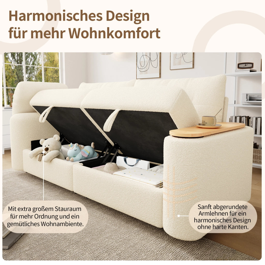 DIVANO modulare 207,5 x 80 x 87 cm in Teddy Beige con tavolino e vani contenitore