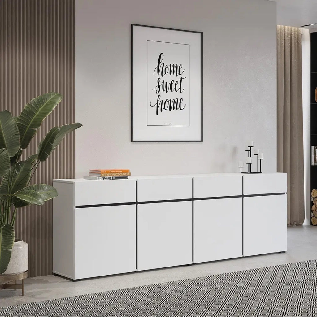Buffet XL colori bianco e nero 225cm collezione HAVANA. Credenza design con 4 porte e 4 cassetti.