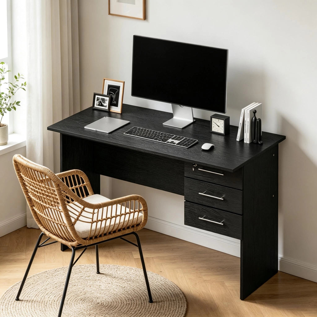 Scrivania lineare con 3 cassetti, serratura e guide silenziose, per ufficio e studio, in legno nero, 120 × 60 × 75 cm