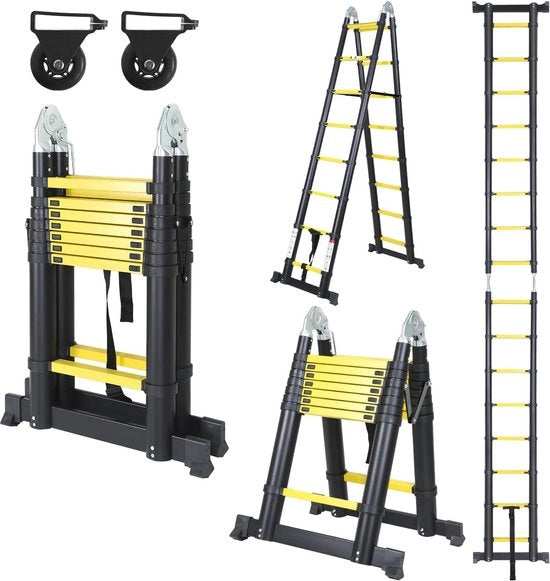 Scala telescopica in alluminio 5 metri - scala multifunzionale con superficie antiscivente, capacità di carico 150 kg