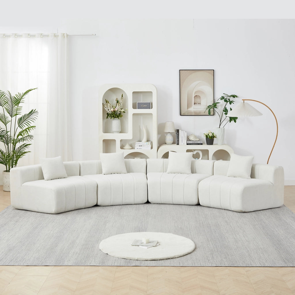 DIVANO Modulare Curvo 4 Posti in Chenille Beige con 2 Cuscini