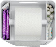 Garnituur WC da 6 in 1 con contenitore per carta igienica integrato e supporto per spazzola WC - contenitore per riserva - cassetti di ripostiglio e piastra di appoggio - solido plastico - 20 x 585 x 15 cm - bianco opaco.