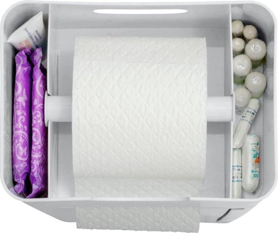 Garnituur WC da 6 in 1 con contenitore per carta igienica integrato e supporto per spazzola WC - contenitore per riserva - cassetti di ripostiglio e piastra di appoggio - solido plastico - 20 x 585 x 15 cm - bianco opaco.