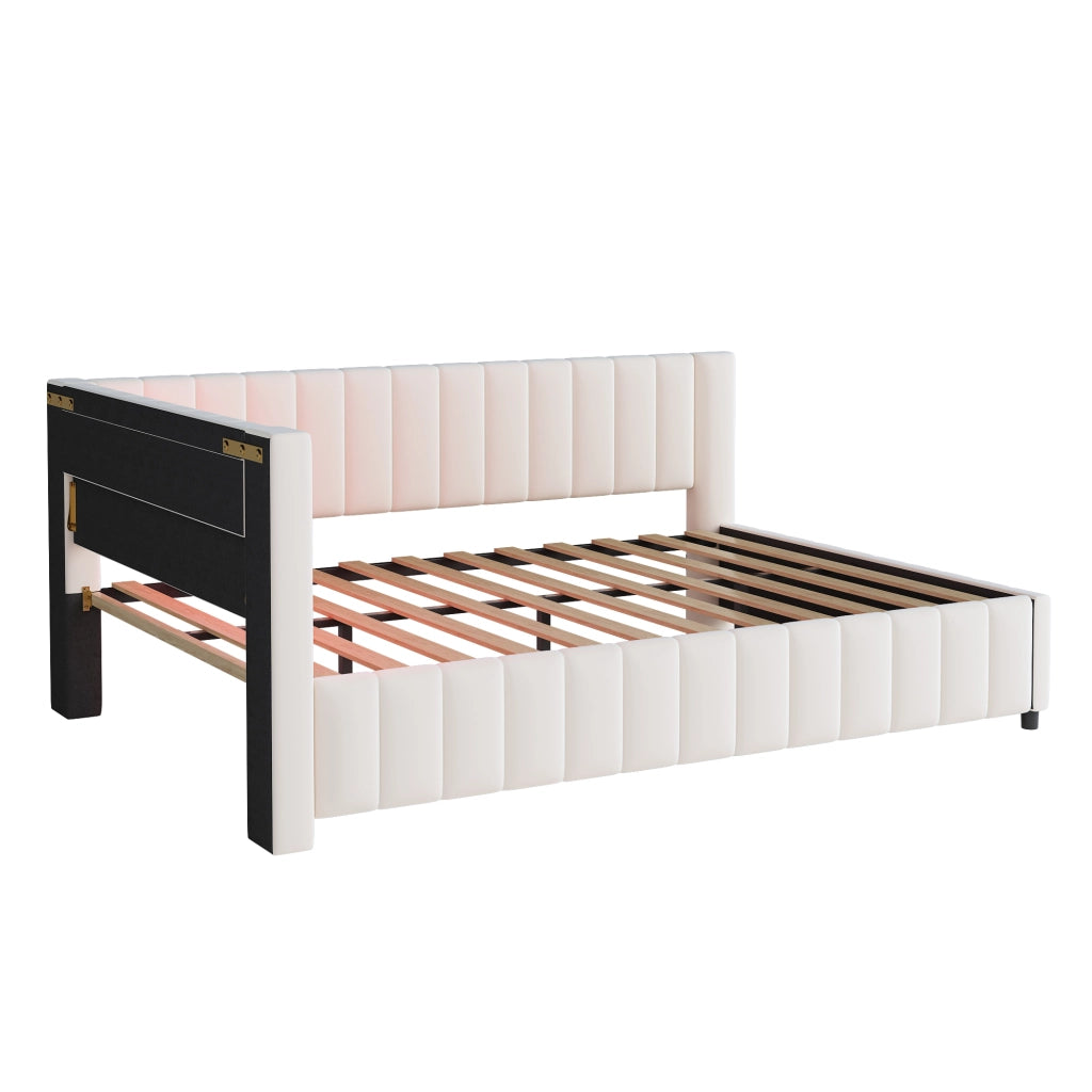 Letto a Divanetto 140 x 200 cm; con LED e USB; con Schienale e Testiera; in Velluto; Beige
