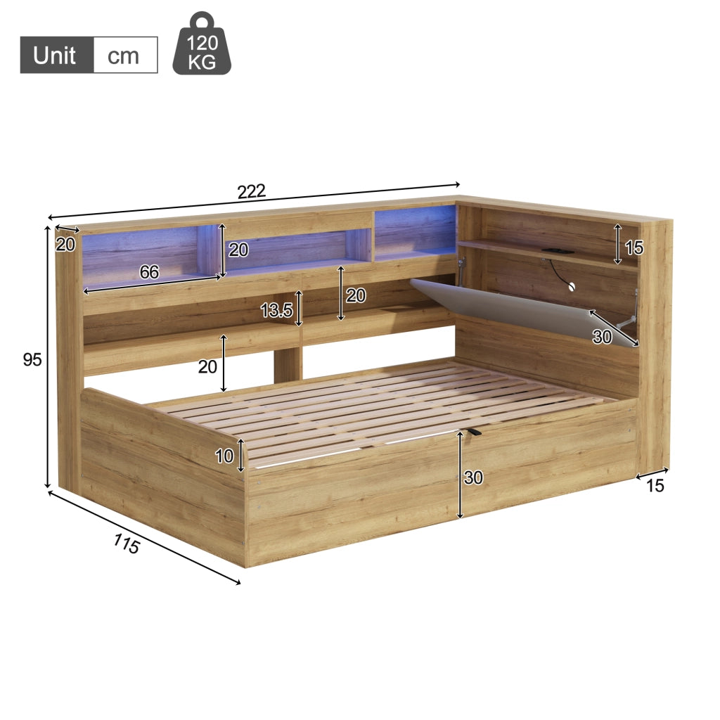 Letto Singolo Contenitore Idraulico con LED e USB ¨C MINIMAL ¨C Legno 90x200 Naturale