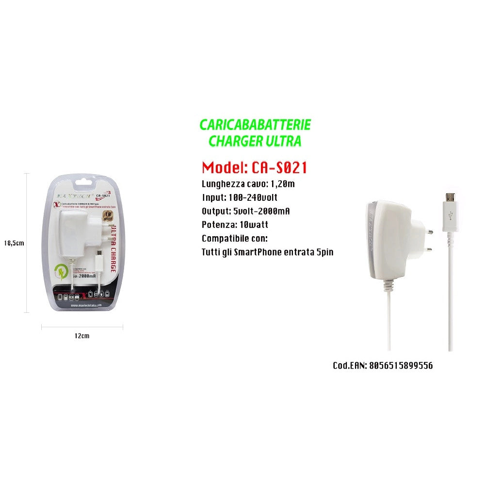 Trade Shop - Maxtech Caricabatterie Charger Ultra Per Smartphone Entrata 5 Pin 10w Ca-s021 -