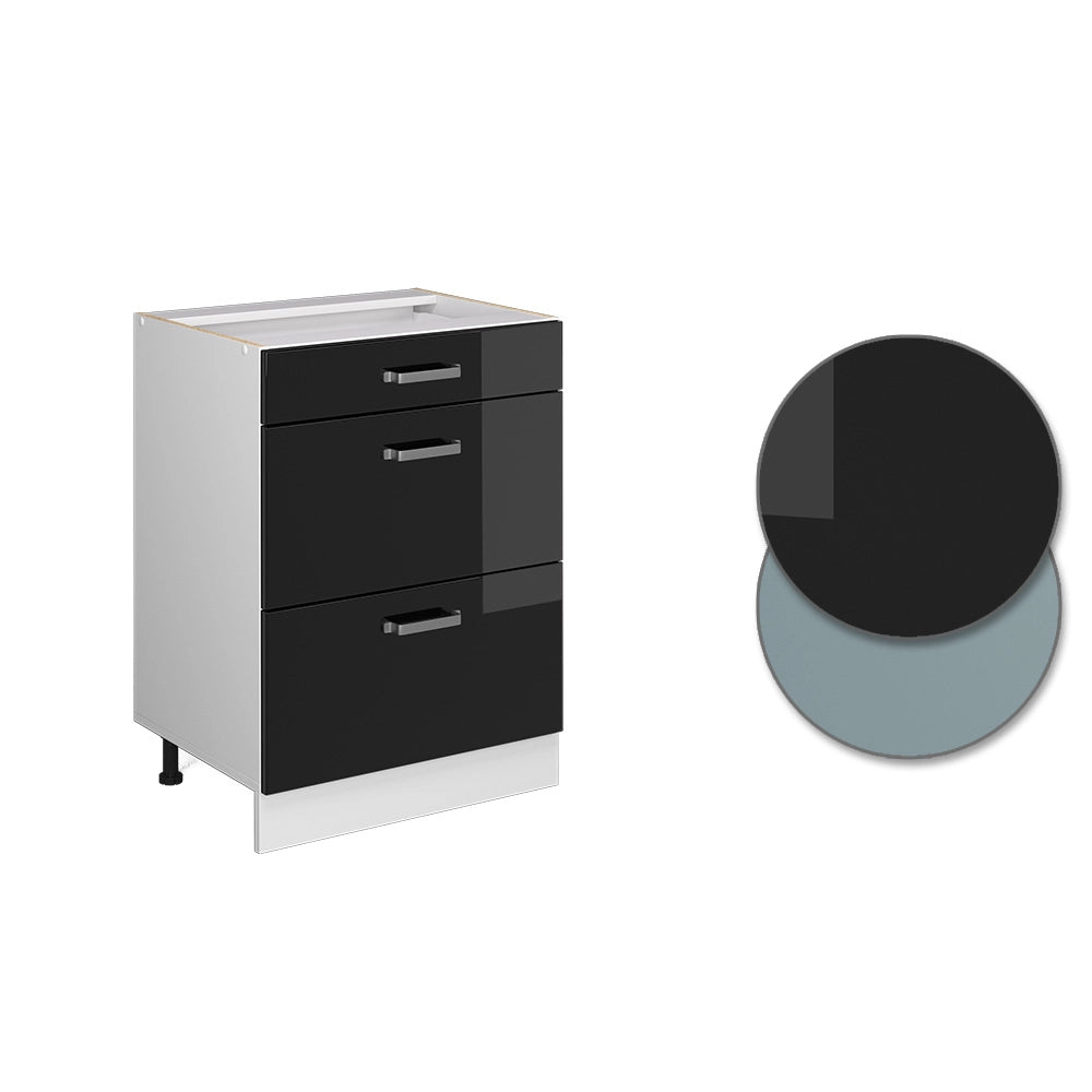Mobiletto base per cucina R-Line Nero lucido/Bianco 60 cm con cassetti, senza piano di lavoro Vicco