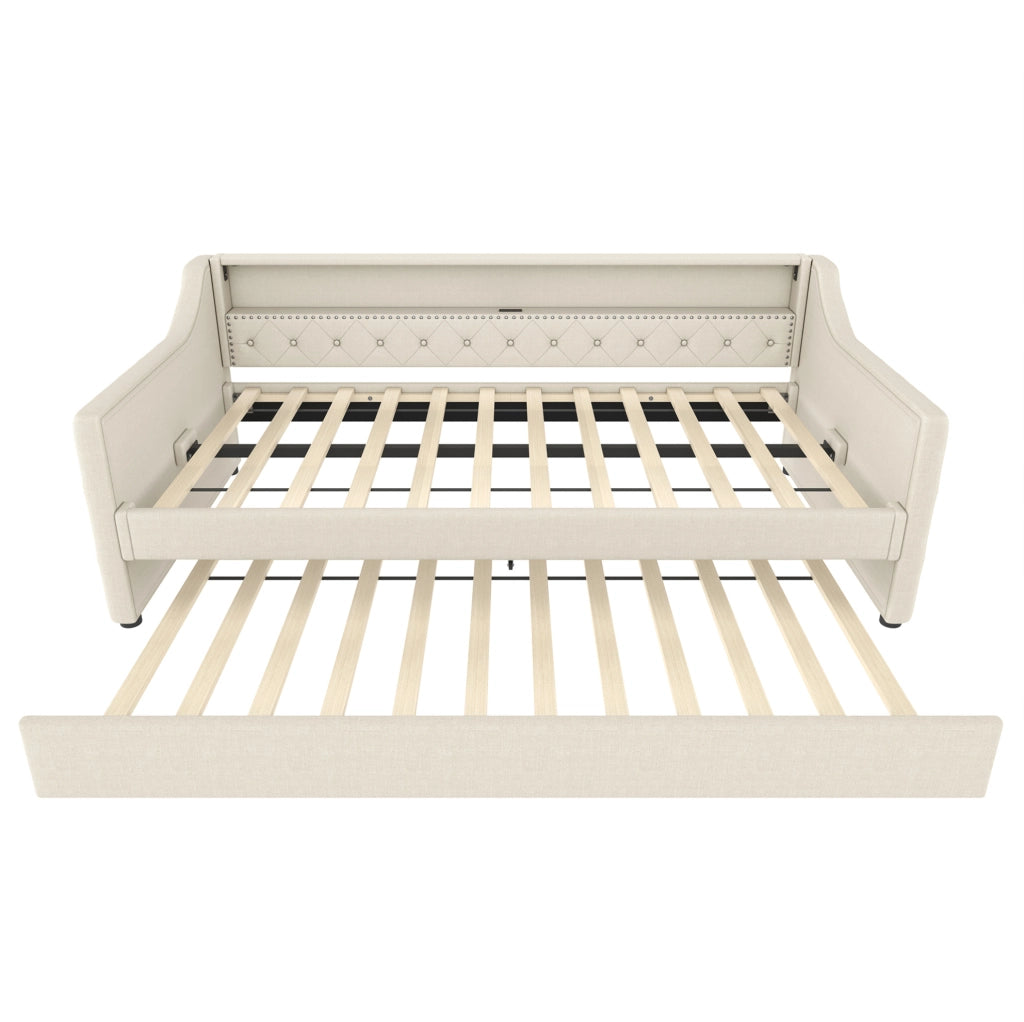 Letto da giorno 90x200 cm con LED; letto estraibile e USB in lino beige