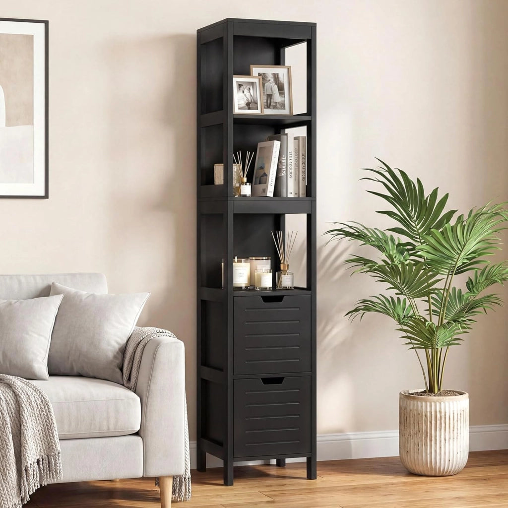 Mobiletto Alto e Stretto Salvaspazio, Mobile da Bagno con 2 Cassetti e 3 Ripiani, Mobiletto in Legno per Camera da Letto, Soggiorno e Ingresso, 30,5 x 30,5 x 145 cm (Nero)