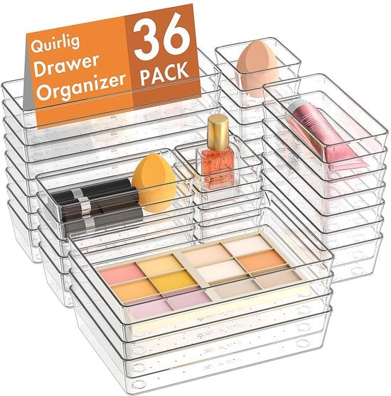 Set di organizzatori per cassetto trasparente, 36 pezzi, caddy, tavolo di appoggio per capi, sistema di organizzazione per cassetto per ufficio, cucina, trucco