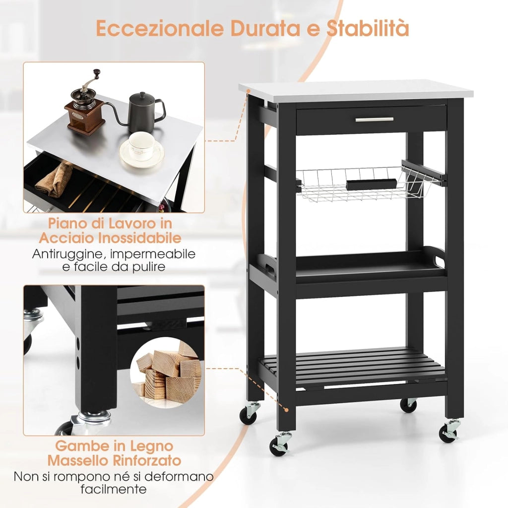Carrello da Cucina a 4 Livelli, Isola da Cucina con Piano in Acciaio Inox, Cestino in Rete e Vassoio di Servizio Rimovibile, Carrello Bar per Cucina e Sala da Pranzo, 47x39x85 cm (Nero)