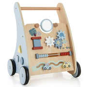 Carrello porta-bambini in legno da spingere e tirare 35 x 31 x 46 cm con labirinto divertente e contenitore in MDF blu 20_0014562