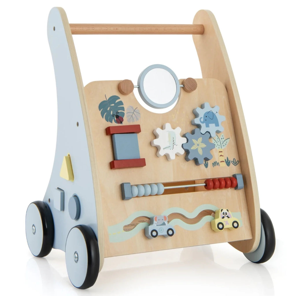 Carrello porta-bambini in legno da spingere e tirare 35 x 31 x 46 cm con labirinto divertente e contenitore in MDF blu 20_0014562