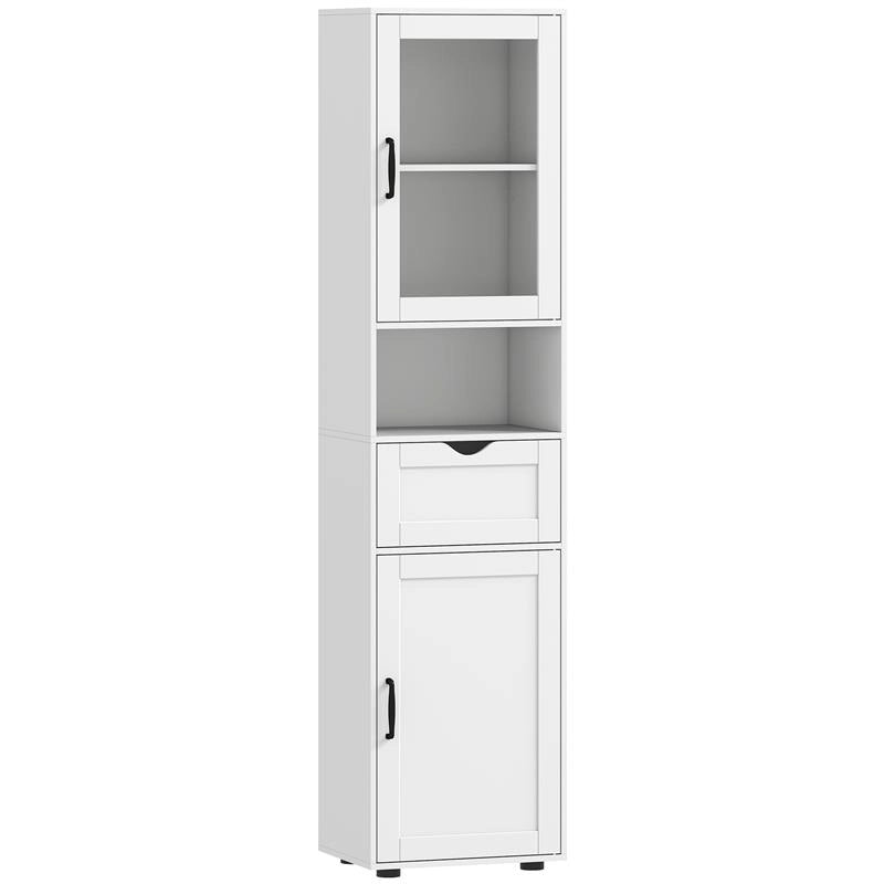 COLONNA BAGNO IN LEGNO CON 2 ARMADIETTI, CASSETTO E RIPIANO APERTO, 40X30X165 CM, BIANCO